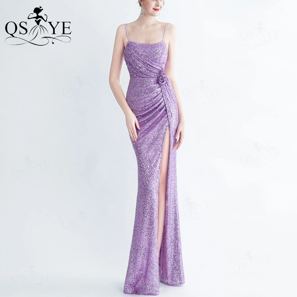 

QSYYE Purple Sequin Long Prom Dresses Fitted Ruched Front Split Evening Gown Spaghetti Straps Rose Flower Formal Party GirlsGown