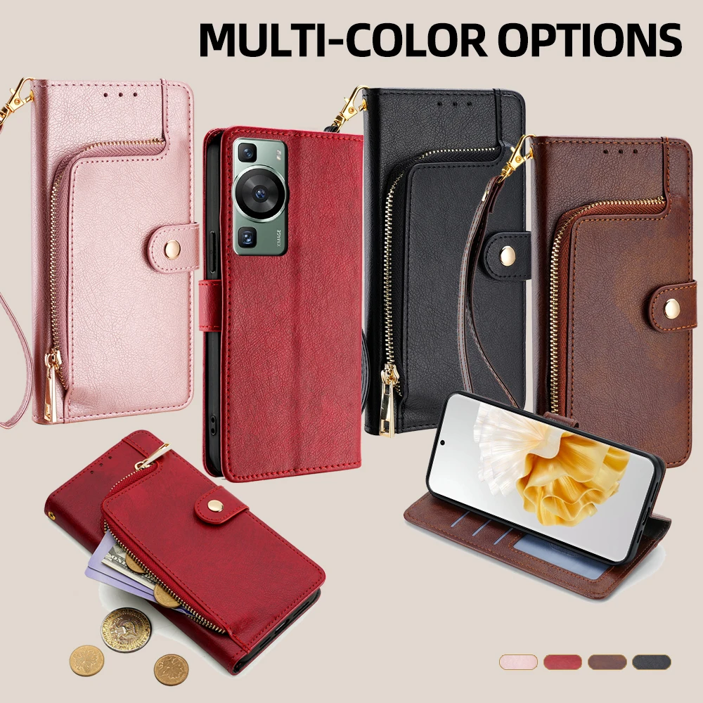 Ladies Magnet Buckle Zipper Wallet Flip Phone Case with Card Slots