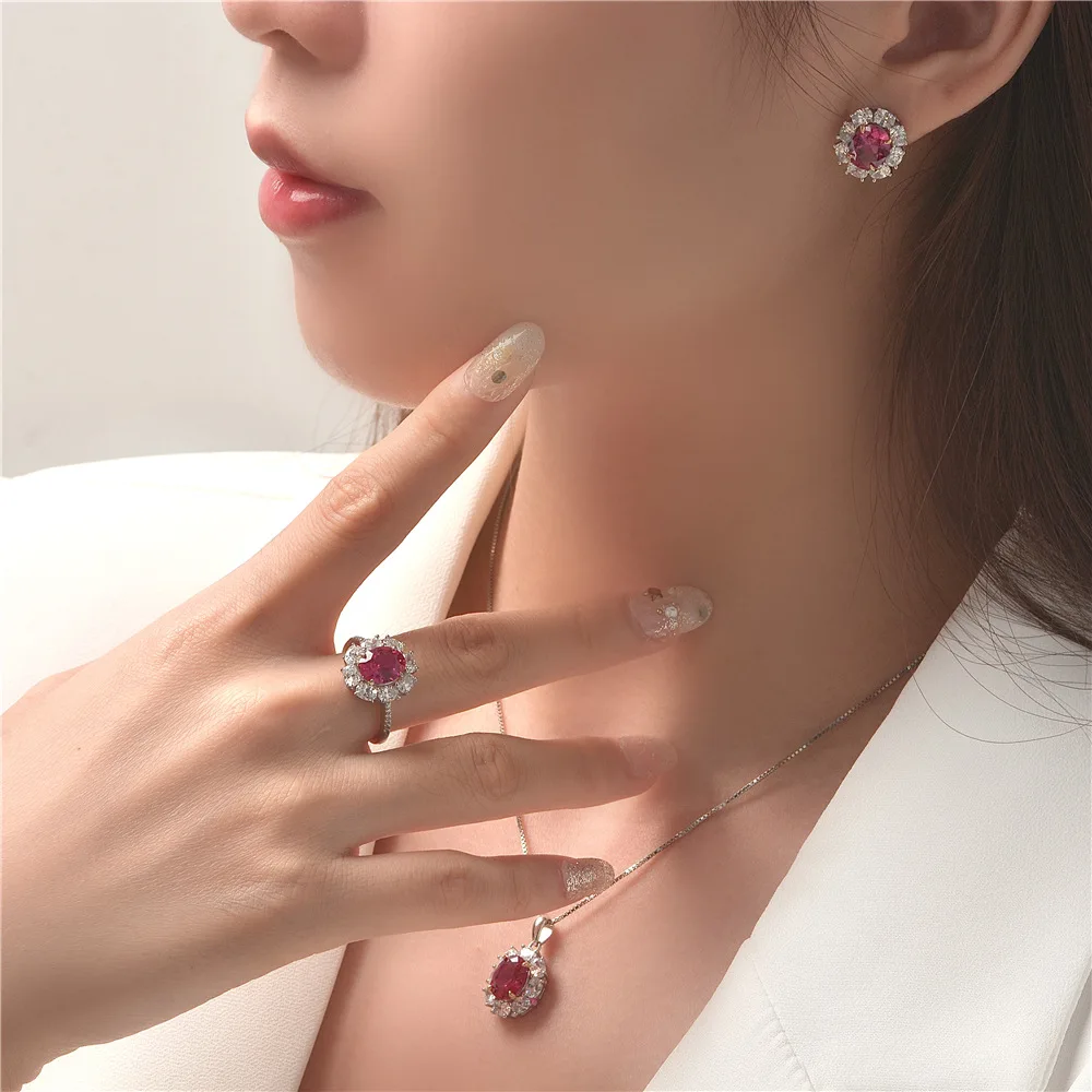 Jewelry Set Silver Jewelry Silver Jewelry Set OEVAS 925 Sterling Silver High Carbon Diamond Ruby Gemstone Earring/Necklace/Ring Wedding Engagement Fine Jewelry Sets