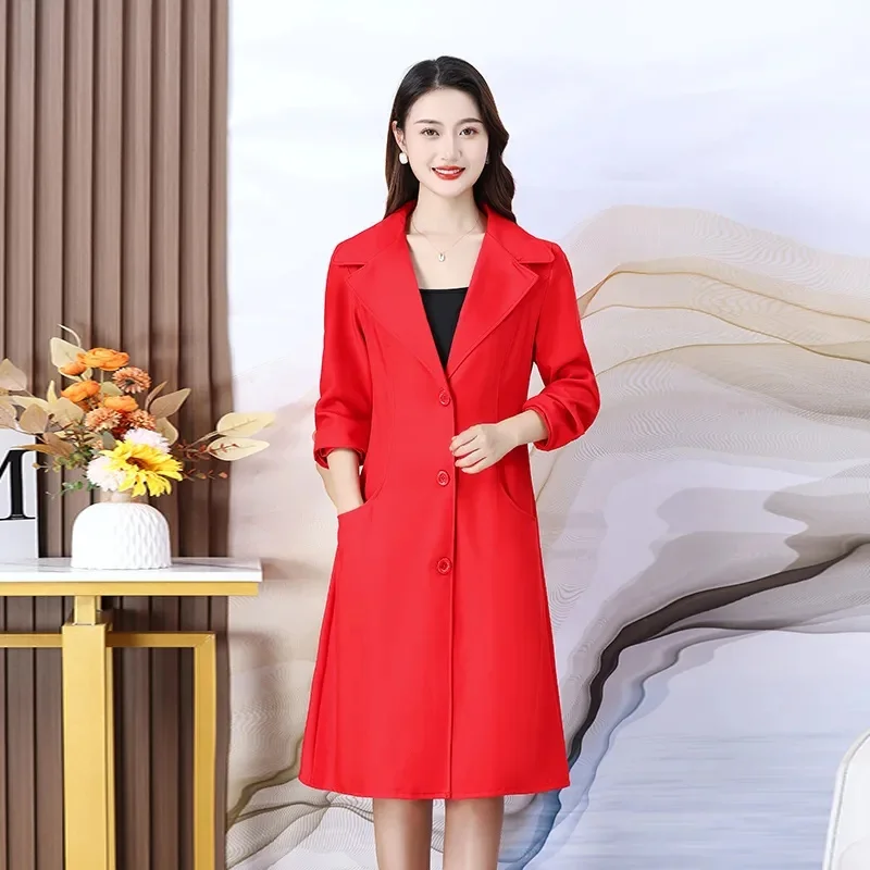2023 Spring Clothes New Solid Color Suit Collar Windbreaker Western Fashion Loose Mid-length Coat Female Outside With Commuting