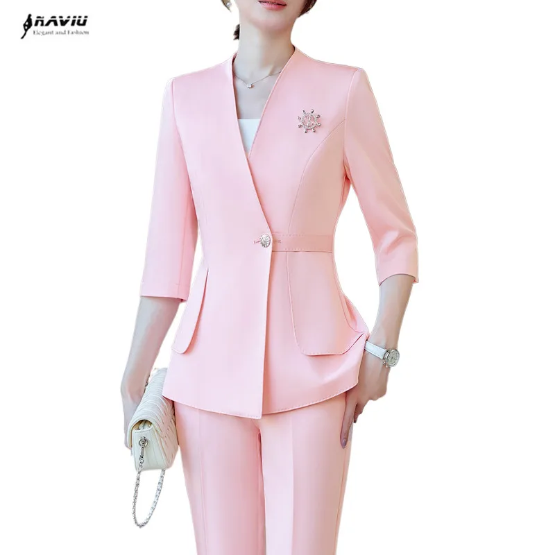 

NAVIU Slim 2 Piece Blazer And Pants 2024 New Fashin Office Ladies V Neck Half Sleeve Blazer Elegant Solid Trouses Suits Sets