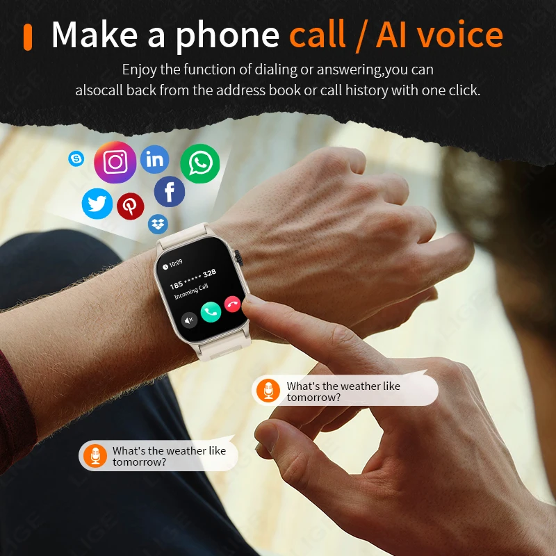 LIGE 2025 New Smart Watch LED Flashlight 2.01" HD Large Screen Bluetooth Call Heart Rate Blood Pressure Outdoor Smartwatch Men