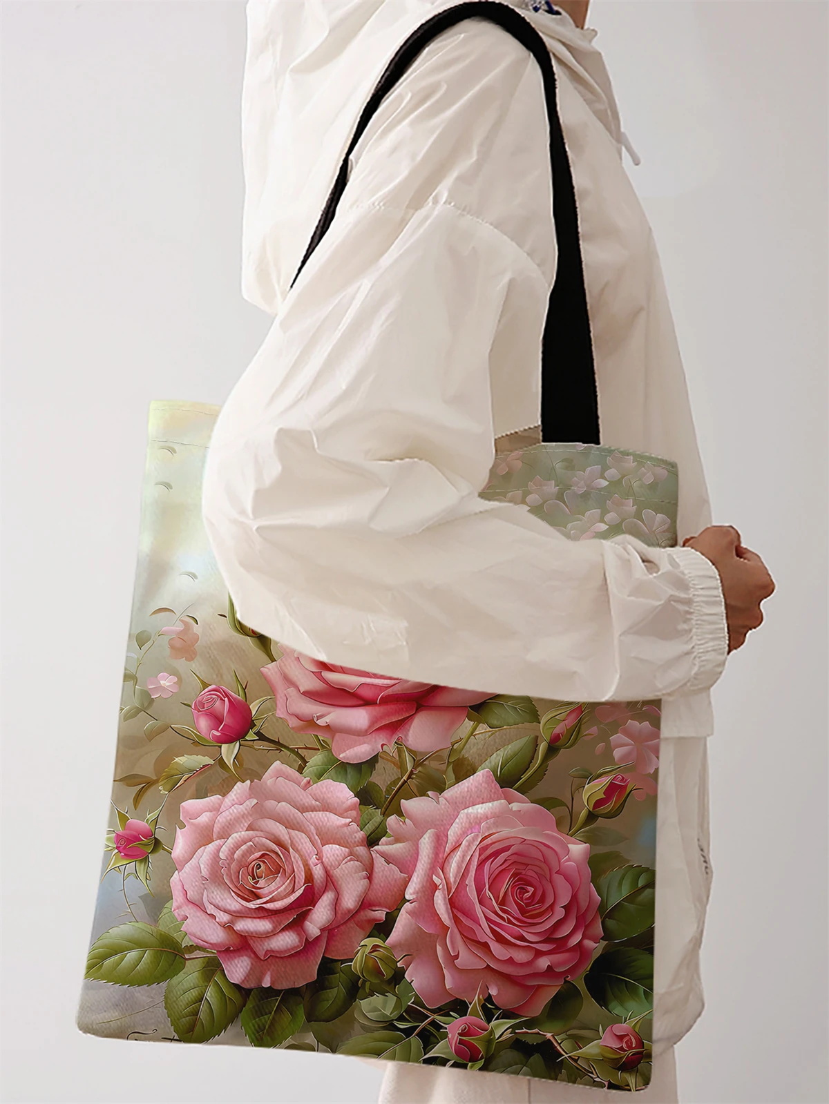 Rose pattern printed casual handbag, reusable fashionable backpack, multifunctional handbag, canvas shopping bag