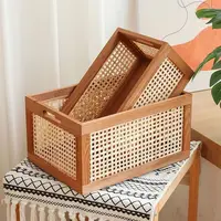 Retro Solid Wood Storage Box Desktop Rattan Basket Book Snacks Fruit Cosmetics Organizer Boxes Home Bathroom Kitchen Basket 2