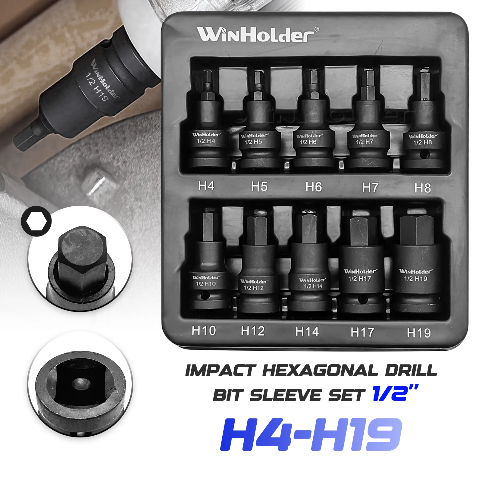 WinHolder Industrial 10pc Impact Hex Allen Socket Set 1/2" Drive H4-H19 Bit Tools Kit Heavy Duty Short Reach Bit
