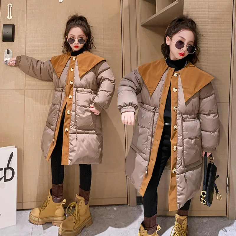 

Korean Winter School Girl Long Thicken Parka Teenager Girl Large Lapel Waist Retraction Parka Child Girl Winter Cotton Jacket