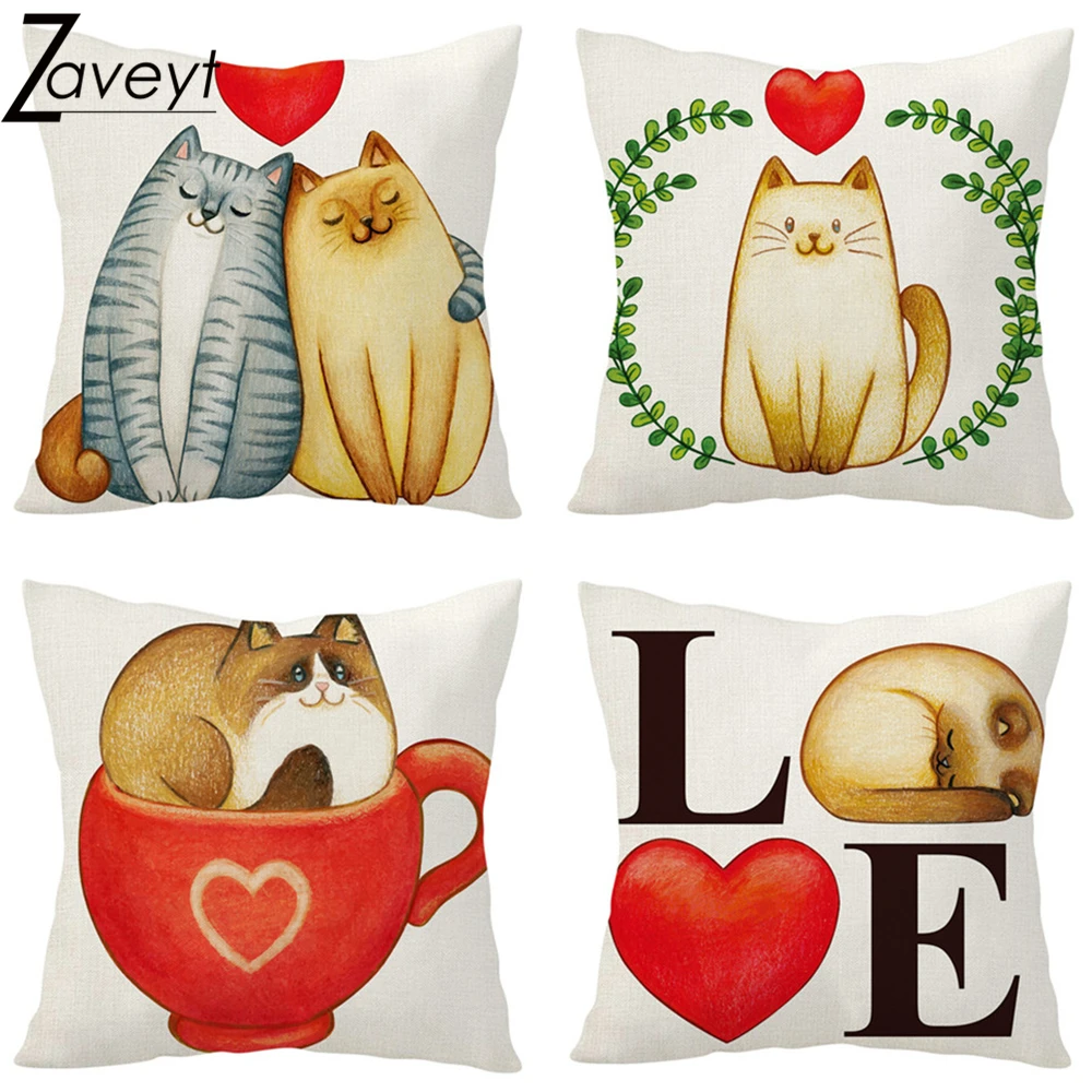 

Cute Cartoon Cat Love Heart Print Linen Cushion Cover For 2023 Valentine's Day Decoration Throw Pillow Cover Letter Pillowcase