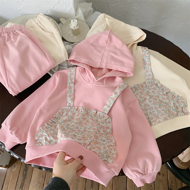 

Korean 2024 Spring Children Girls 2PCS Clothes Set Floral Printed Fake Two Piece Hoodie Solid Jogger Sweatpant Baby Girl Outfits