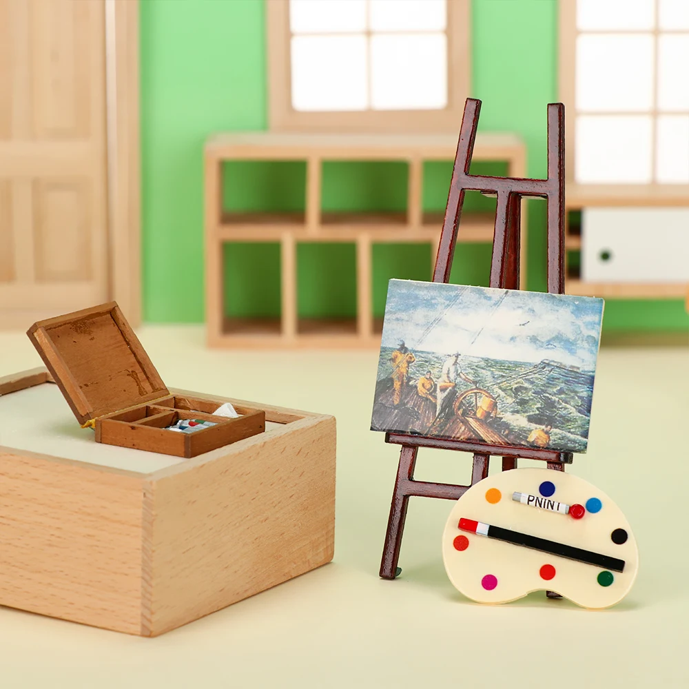 1:12 cavalletto in miniatura per casa delle bambole mobili per casa delle bambole Mini scatola di legno artista penna per pittura tavolo da disegno modello Set decorazione per casa delle bambole - immagine 3