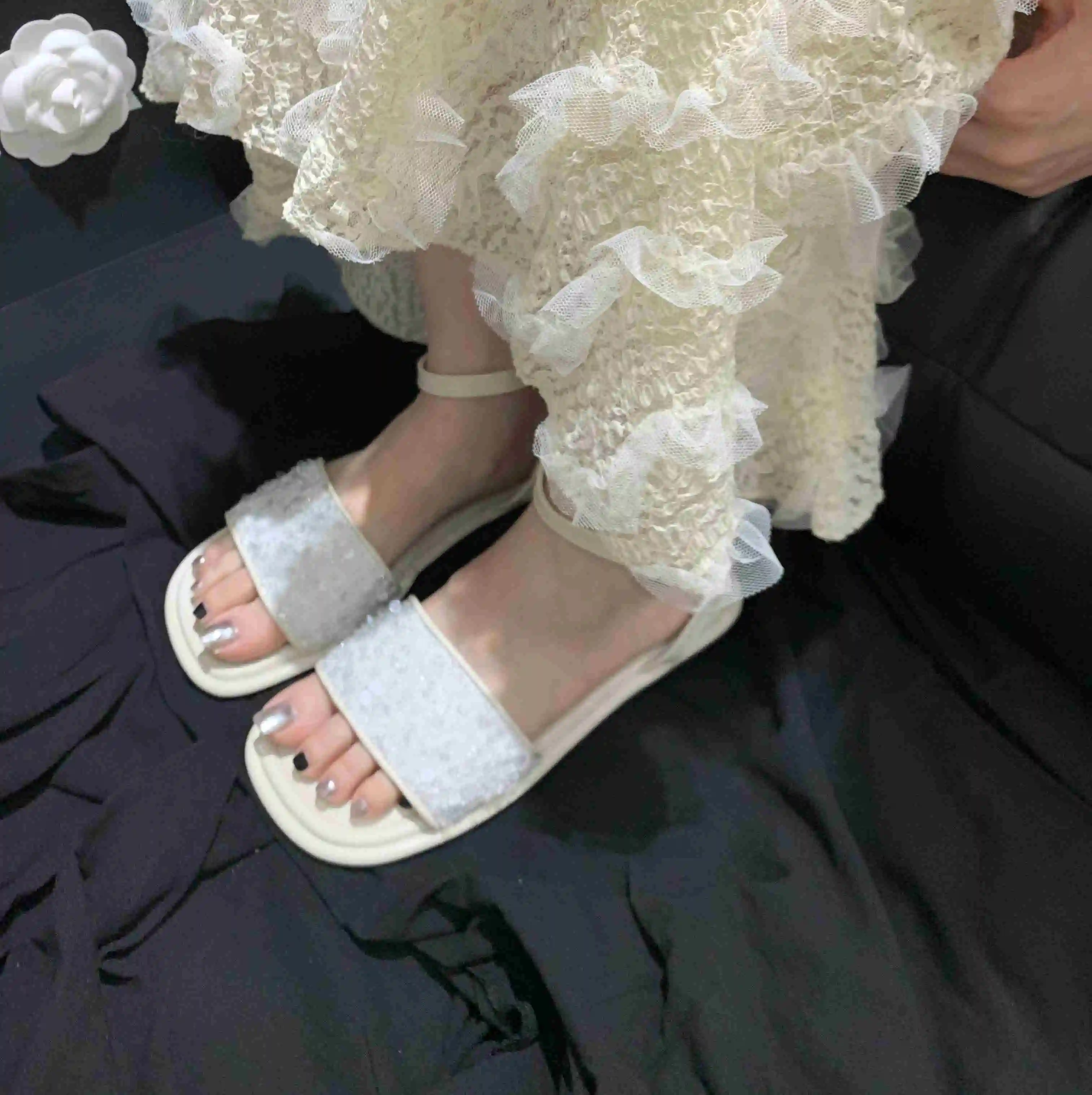 Women's Flat Slip On Sandal With Ankle Strap Crystal Rhinestone Comfort Summer Shoes