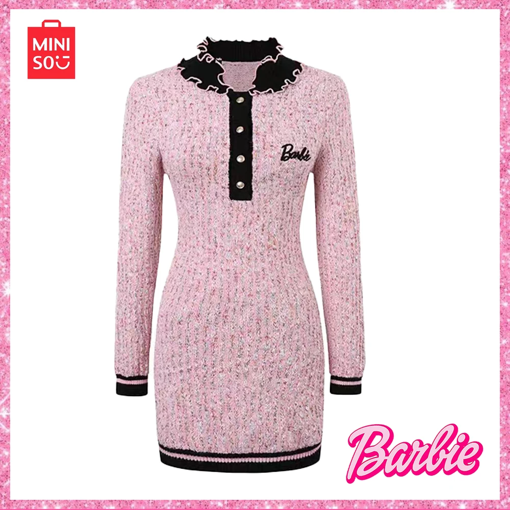 2023 New Miniso Barbie Pink Sweet Cool Girls Filato Floreale Myoprene Wool Knit Inner Waist Hip Dress Compleanno Natale Wear
