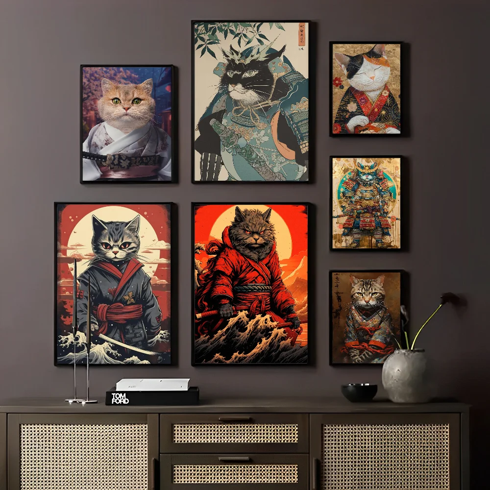 

Japanese Samurai Cat Poster Self-adhesive Art Poster Whitepaper Prints Posters Artwork Aesthetic Art Wall Painting