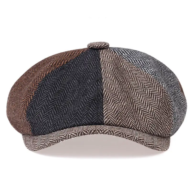 Newsboy Cap Flat Top Herringbone Tweed Wool Baker Boy Peaky Blinders Berets Flat Peaked Cap Adjustable Taxi Driver Hat – Detail 6
