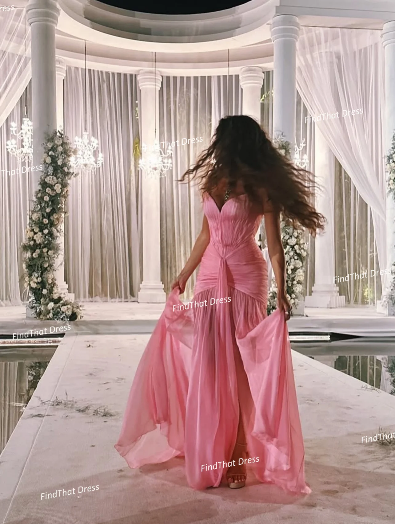 Off Shoulder Chiffon Pleated Sexy Mermaid Backless Evening Dress Floor Length Front Slit Party Gown with Sweep Court Customized 3