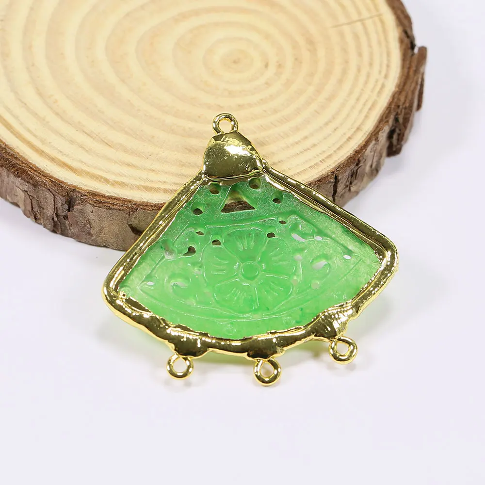 2Pcs Green Jade Carven Sector Shape Gold Plated Pendant Connector For Pearl Necklace Bracelet Earrings Making DIY