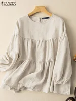 ZANZEA Autumn Vintage Long Sleeve Shirt Woman Casual Cotton Blouse Female O-Neck Solid Blusas Stylish Button Cuffs Chemise 2023