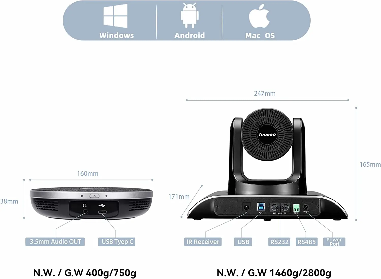 Tenveo Video Conference System 3X PTZ Camera Conference Room Camera 3X Optical Zoom + USB Speakerphone for Skype Zoom OBS Teams