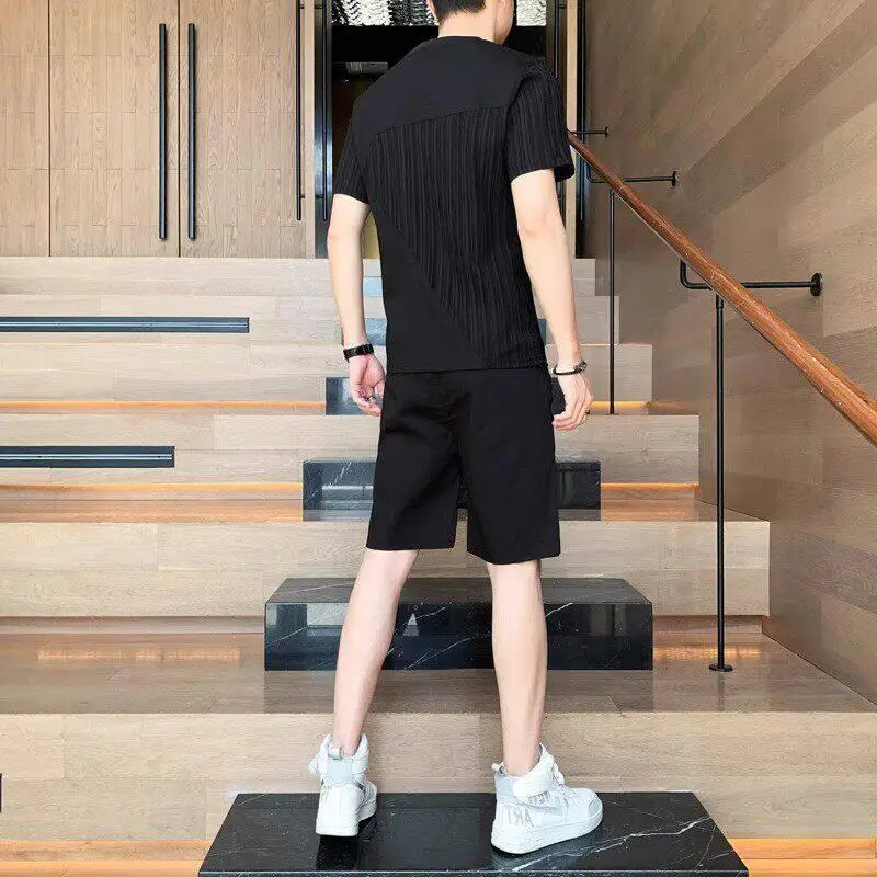 아이스 실크 퀵 드라이 스포츠 세트 남성 여름 반팔 티셔츠 반바지 슬림핏 투피스 세트 한국 패션 트렌디