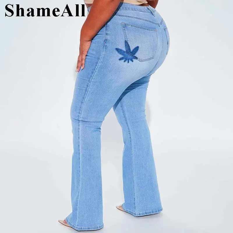 Plus Size Flower Embroidery Pockets Flare Jeans 4XL Women Stretchy Skinny Slim Fit Bell Bottoms Wide Leg Denim Pants Trousers