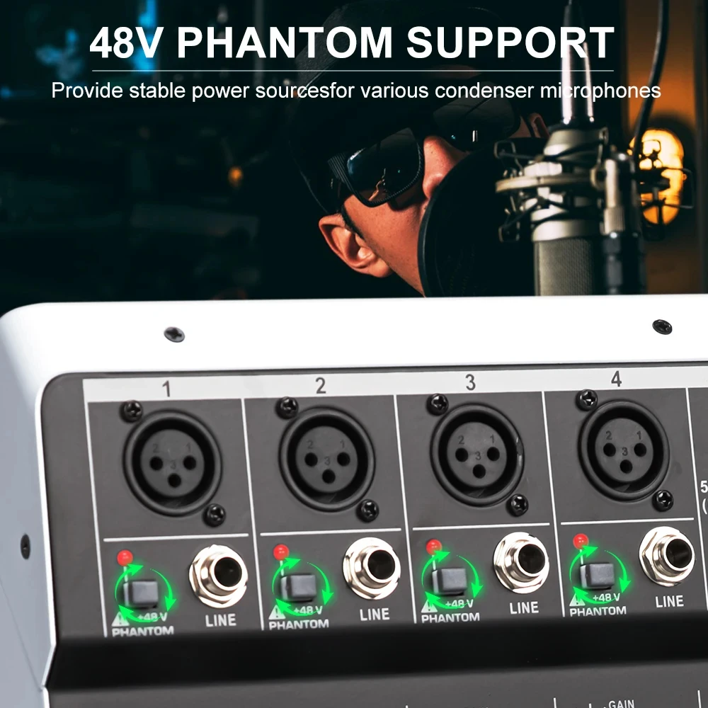 FUHAM KP4 프로페셔널 오디오 믹서 4/6채널 사운드 콘솔 (99개 DSP 효과, XLR 마이크 입력, 48V 팬텀 파워, DJ 스튜디오 R용)