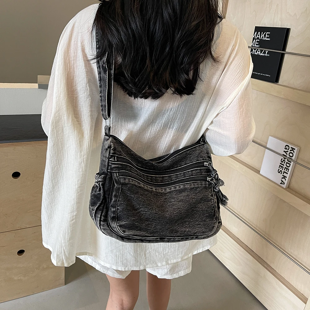 Denim Messenger Bag for Women Fashion Shoulder Bags Casual Crossbody Bags Multi-pockets Tote Bag 2024 New Female Retro Sling Bag