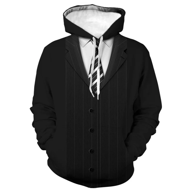 thumbnail image 1 of Sudadera con capucha de traje falso divertida con estampado 3D para hombre, esmoquin con patrón de pajarita, sudaderas casuales de manga larga para cosplay, sudaderas con capucha de calle, 1 of 5