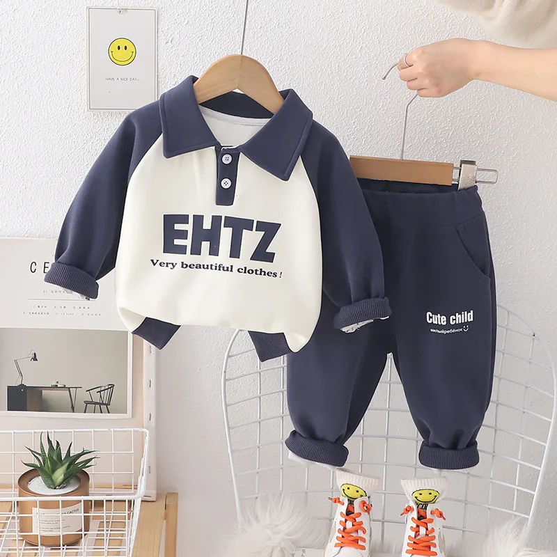 Toddler Boys Outfit Set New Spring Letter Patchwrok Colletto Rovesciato T-Shirt A Maniche Lunghe Pantaloni Bambini Due Pezzi Inverno Indossa