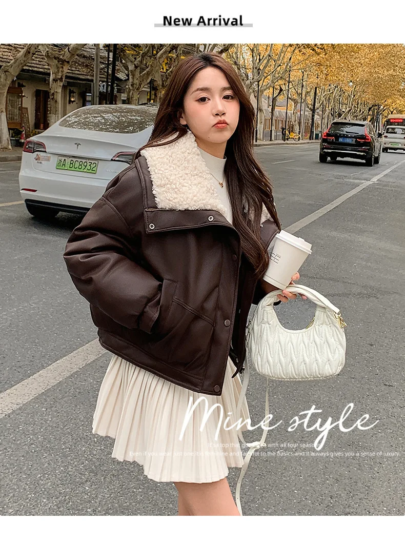 Trendy Fleece Thicken Warm Short Leather Jacket Shearling PU Leather Cotton Lining Women's Winter New Zipper Leather-Cotton Coat