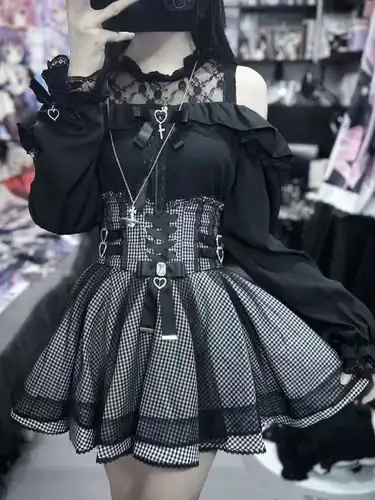 2025 Japanese Black Mini Skirt Set Gothic Ruffle Mini Skirts Sexy Lace Off Shoulder Lolita Shirt Women Y2k Aesthetic Design Suit - Image 2