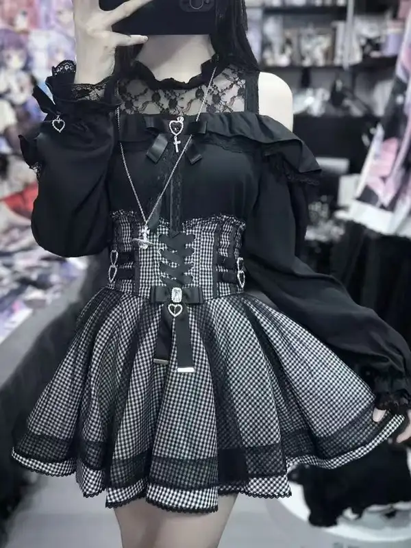2025 Japanese Black Mini Skirt Set Gothic Ruffle Mini Skirts Sexy Lace Off Shoulder Lolita Shirt Women Y2k Aesthetic Design Suit - Image 2