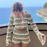 Beach Holiday Bohemian Knitted Two Piece Set Pajamas Women Long Sleeve Hollow Out Crop Top Pullovers + Slim Fit Short Ouftits - Image 2