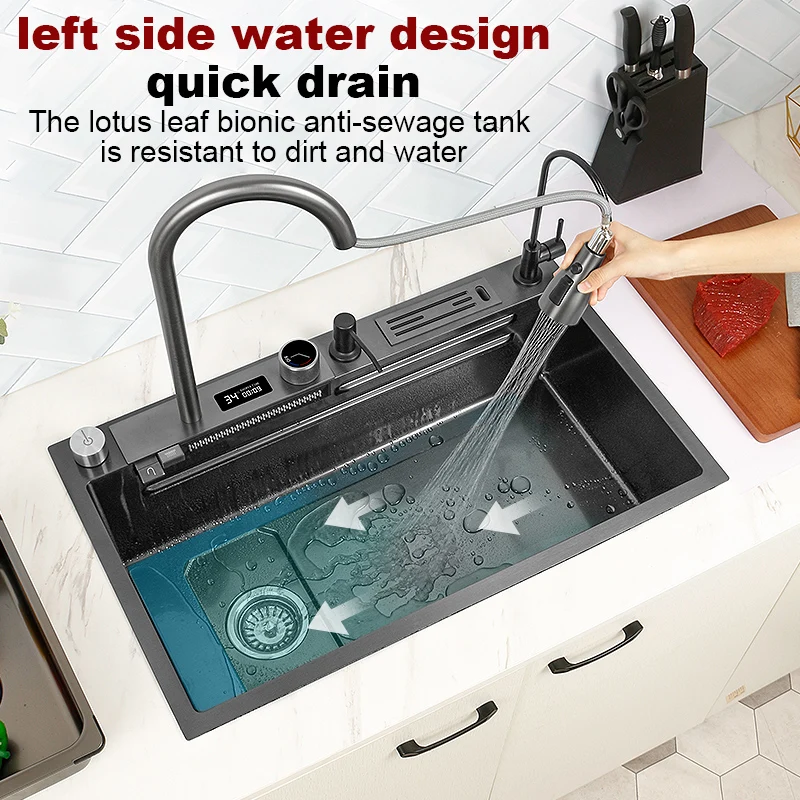 304 Stainless Steel Kitchen Waterfall Sink Digital Display Large Single Sink Dish Basin Sink With Multifunction Touch Waterfall 6