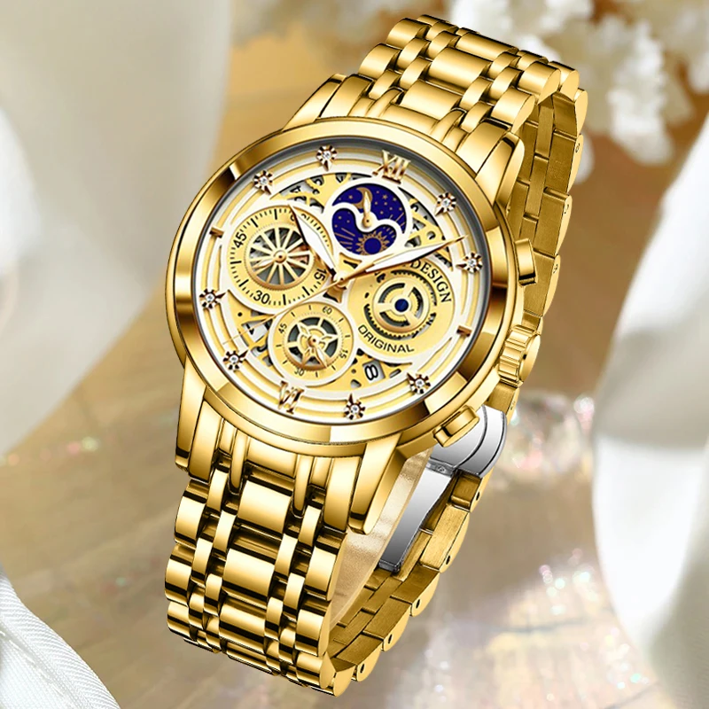 LIGE Luxury Ladies Watch Women Waterproof Golden Steel Strap Women Wrist Watches Top Brand Bracelet Clocks Relogio Feminino+Box