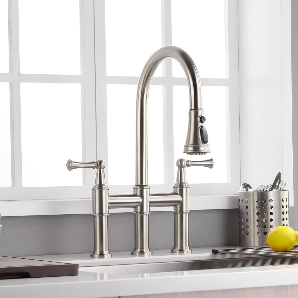

Bridge Kitchen Faucet with Pull-Down Sprayhead 2 Handle 8 Inch Faucet for Kitchen Sinks 3 Hole Install, Brushed Nickel