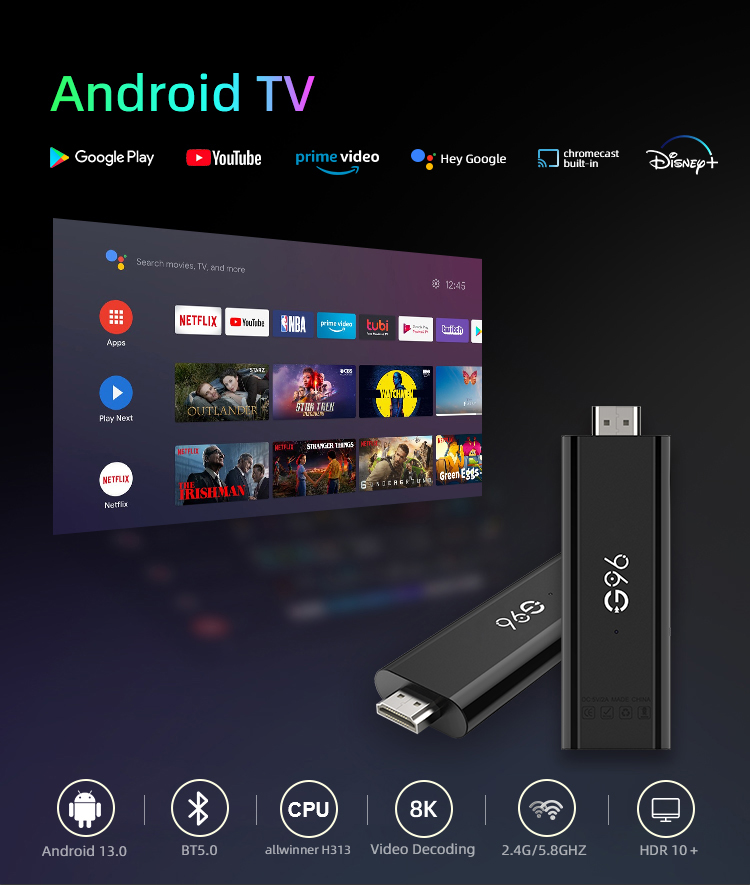 Android13 Mini Smart TV Stick 4K HDR10 Bluetooth Google Assistant AllwinnerH313 Quad Core Cortex A53ATV Media Player 2GB16GB Q6