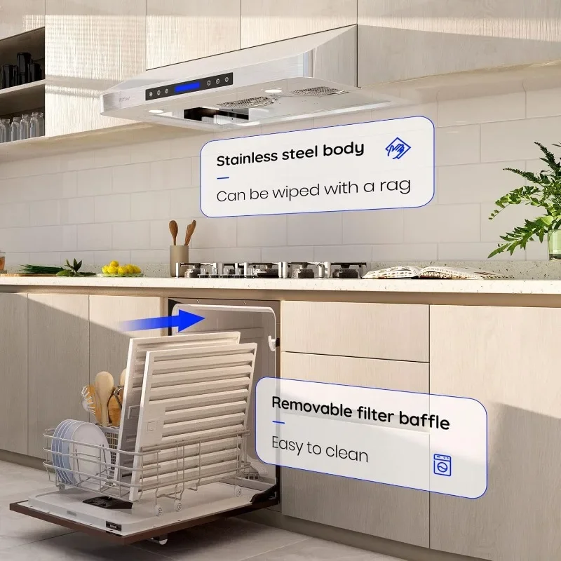 EKON 30 inches Under Cabinet Range Hood, 900 CFM Stainless Steel Kitchen Chimney Vent, 4 Speed Touch Screen Control 4