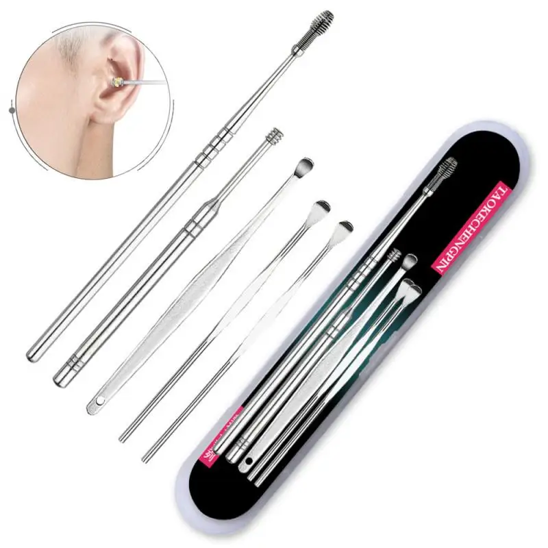 

Set Ear Cleaner Kits Cotton Swab Stainless Steel Earpick Ear Wax Pick Curette Remover Spoon Spiral Ear Clean Tool with Case