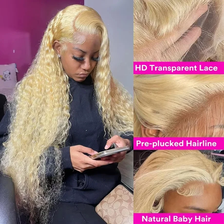 13x6 HD Lace Frontal Wig 613 Blonde Deep Wave 13x4 Transparent Lace Curly Human Hair Wigs Blonde Water Wave Wig for Women 4