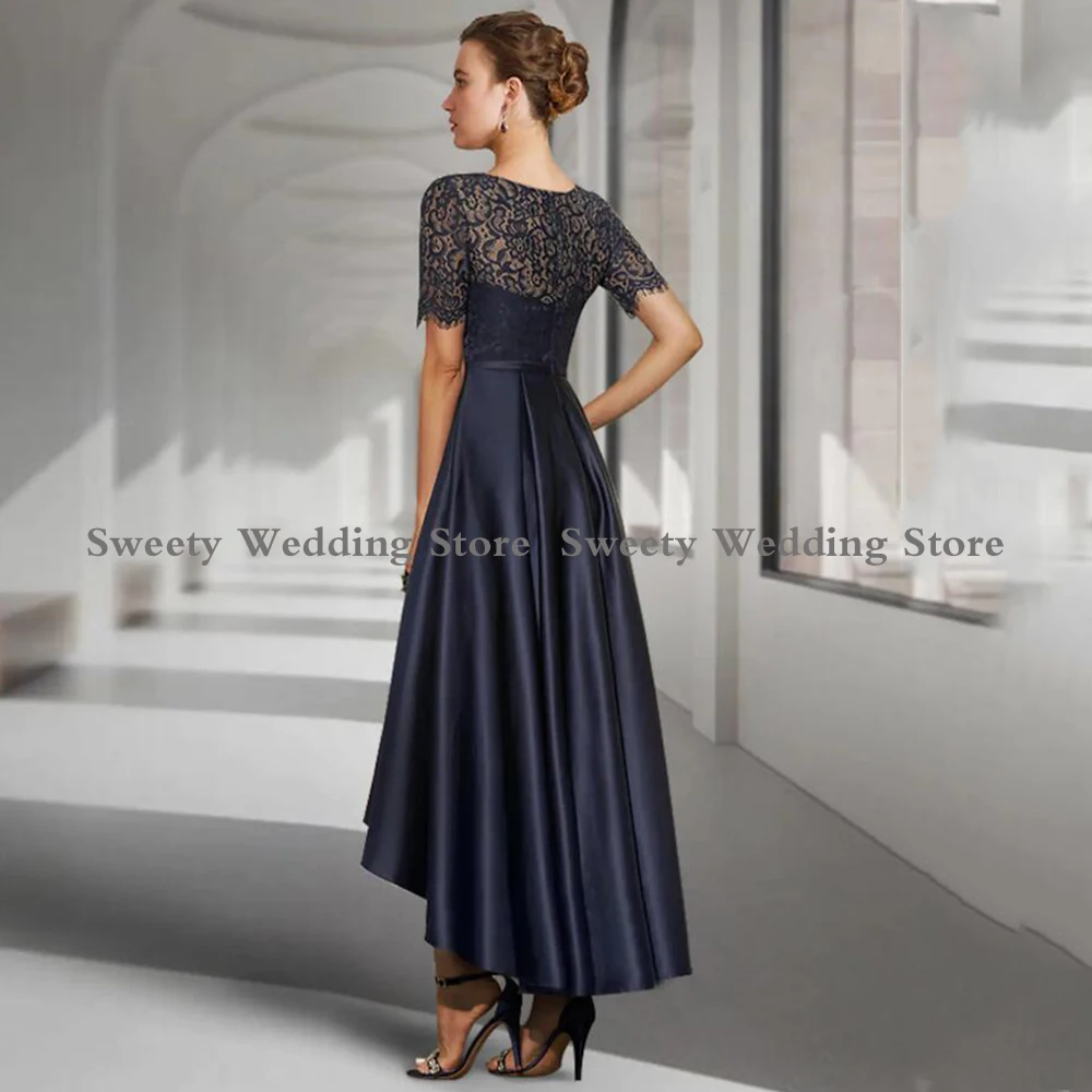 Mother Bride Dresses Navy Mother Evening Party Dresses for Wedding Jewel Neck Short Sleeves Top Lace A Line Bride Dress