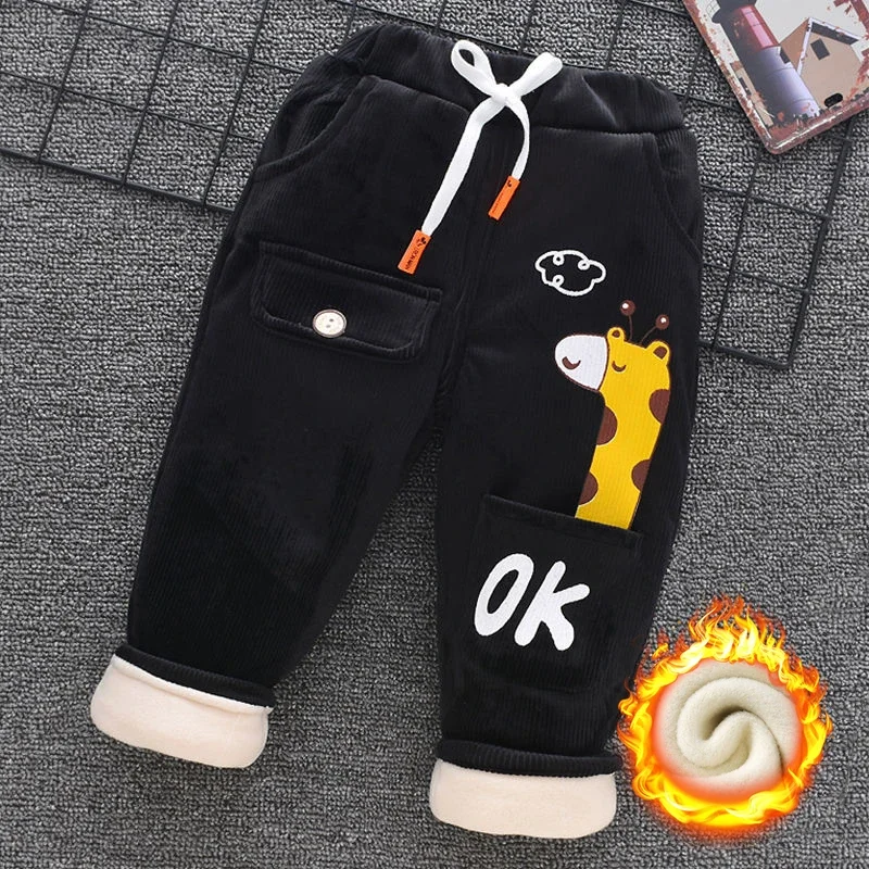 Winter Kids Pants 0-7Y Children Clothing Autumn Baby Girl Plus Velvet Leggings Boys Embroidery Cartoon Thick Warm Trousers