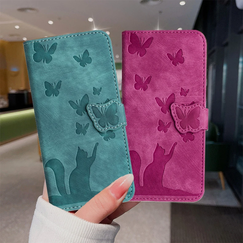 Cat & Butterfly Leather Wallet Flip Phone Case - Elegant and Functional Back Cover