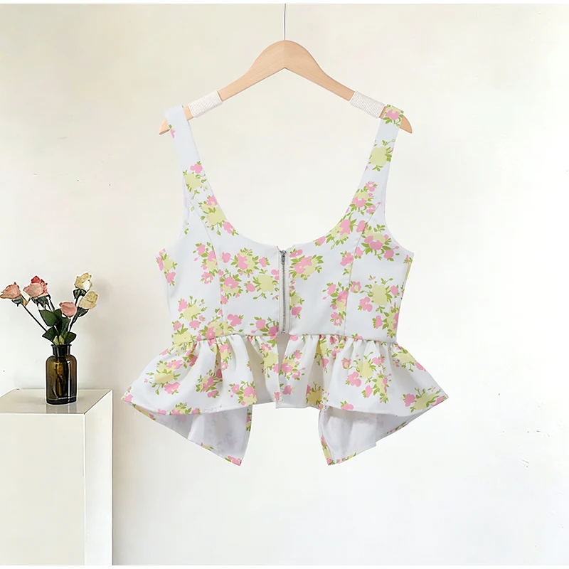 Blumendruck-Hosenset für Damen ​ Ärmelloses Crop-Top mit passender hochtaillierter Hose mit weitem Bein, 2-teiliges Set ​ Frühlingsoutfit für Damen – Detail 5