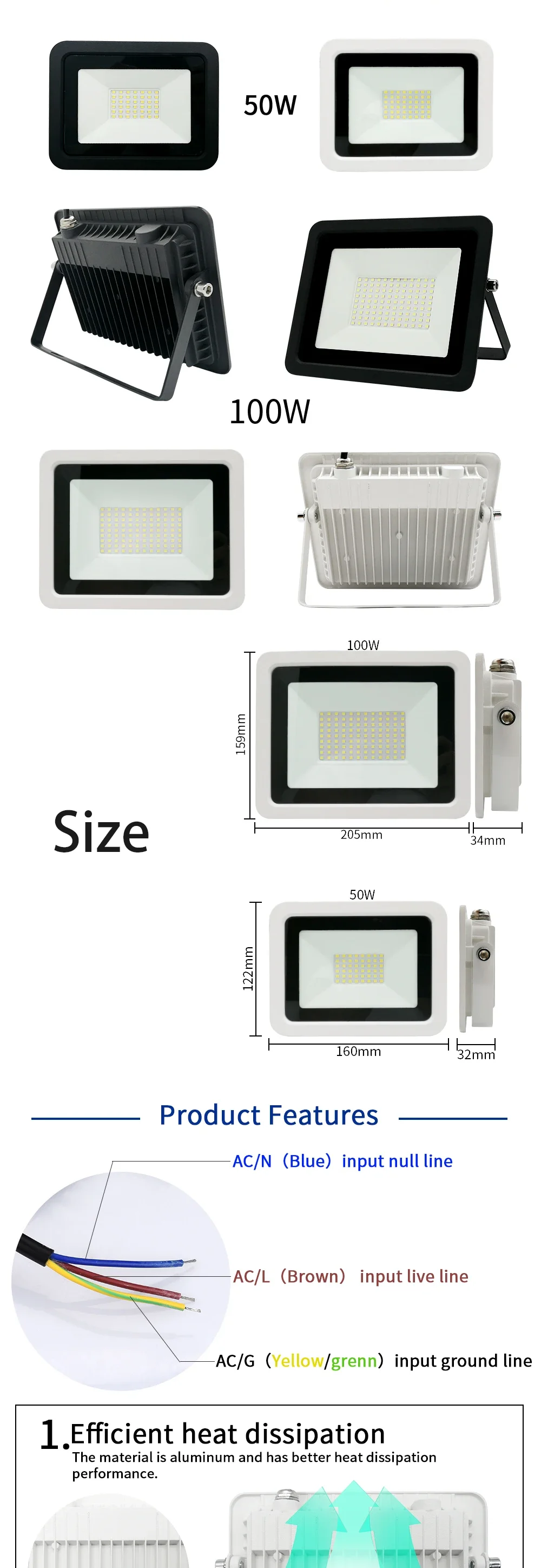 Description Picture 3 of item50W 100W Led Flood Light IP68 Waterproof AC220V 240V Outdoor Floodlight Spotlight LED Reflector Street Lamp Wall Flood Lights