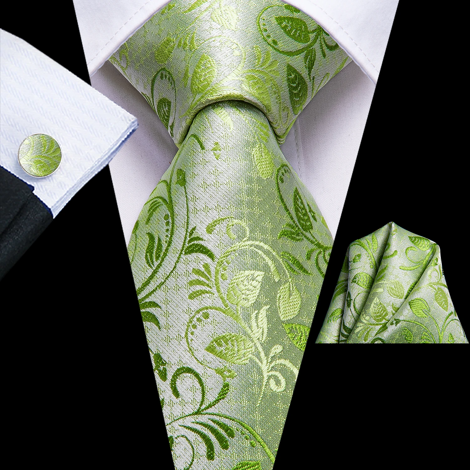 Hi-Tie Men Silk Tie Grass Green Ties Floral Necktie Boutonniere Handkerchief Cufflinks Set Wedding Cravat Groom 8.5 cm neck tie