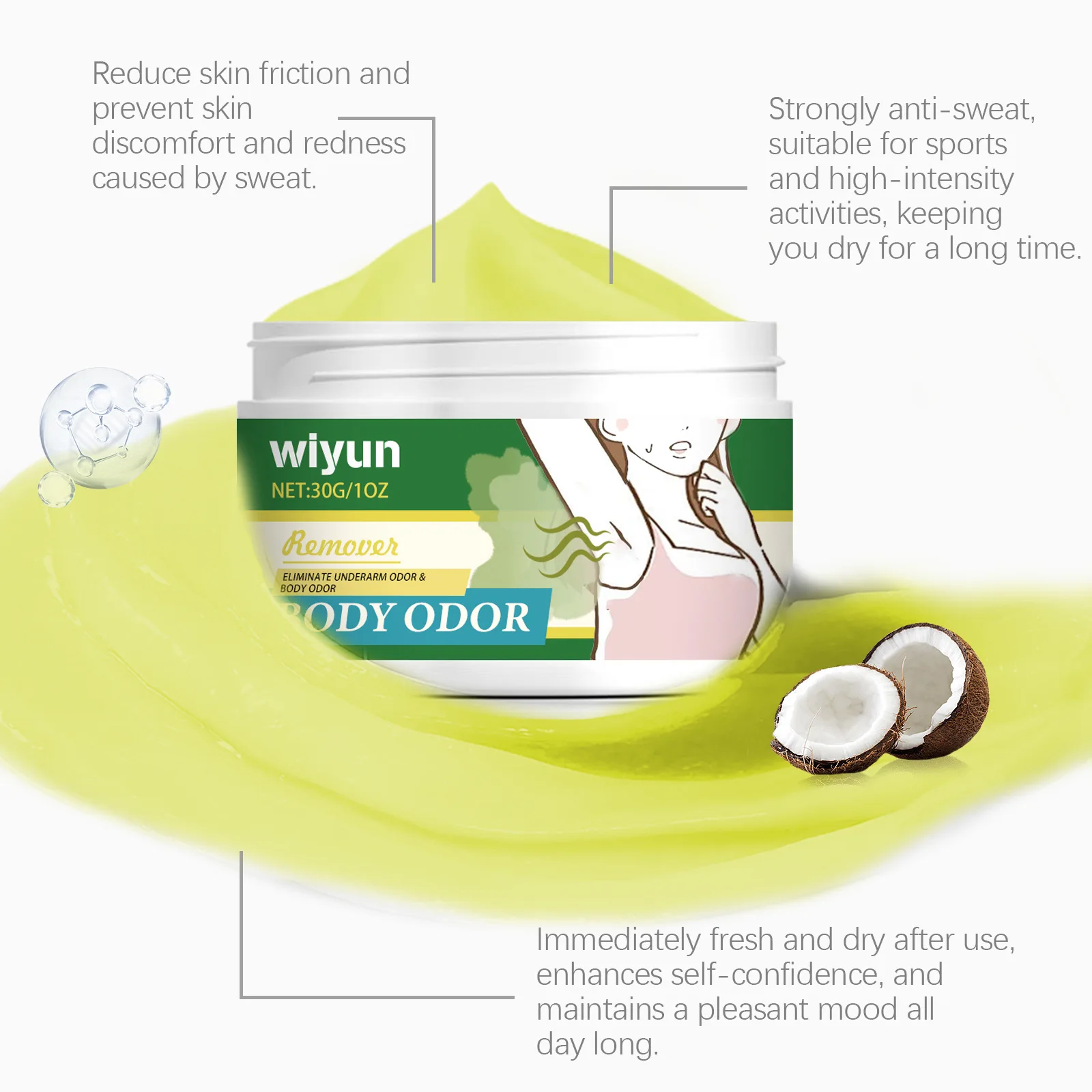 Wiyun Crema deodorante per il corpo all'olio di cocco Aroma duraturo Ridurre l'odore cattivo Rinfrescare le ascelle Cura della pelle Ascelle Sudore Crema per la rimozione degli odori 2