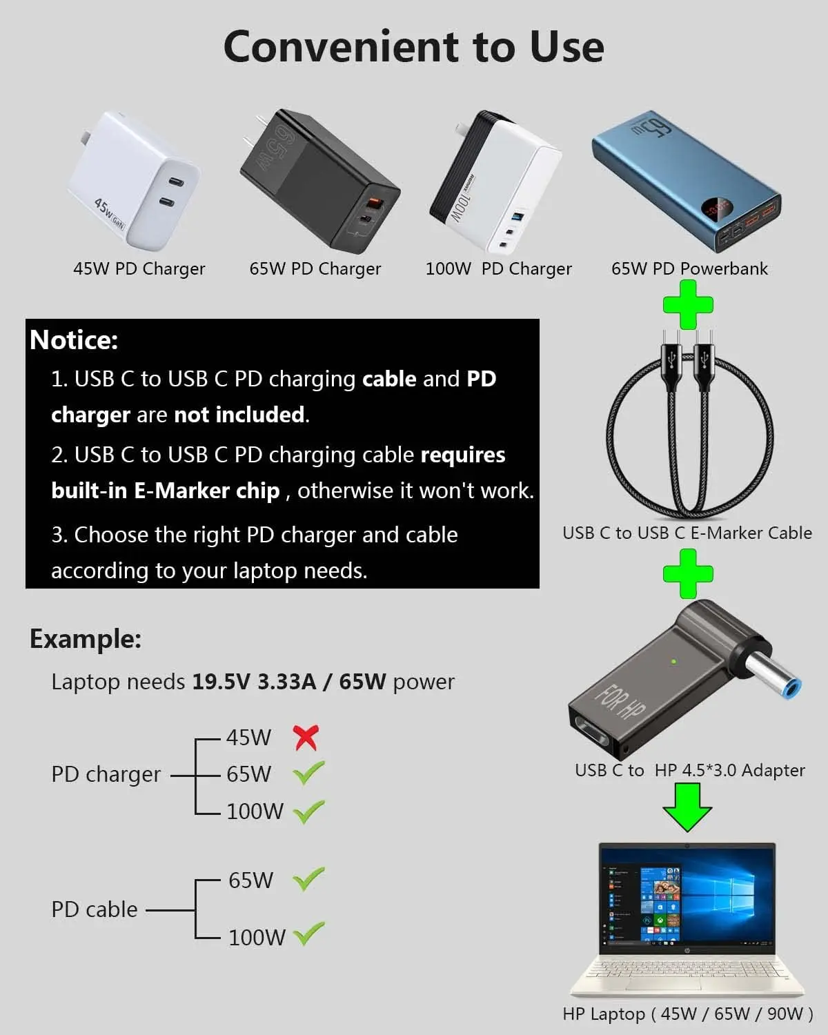 USB C to 4.5mm Laptop Charging Adapter Female Type C to Male DC 4.5 x 3.0mm Barrel Jack Plug Converter 100W PD Power Charger