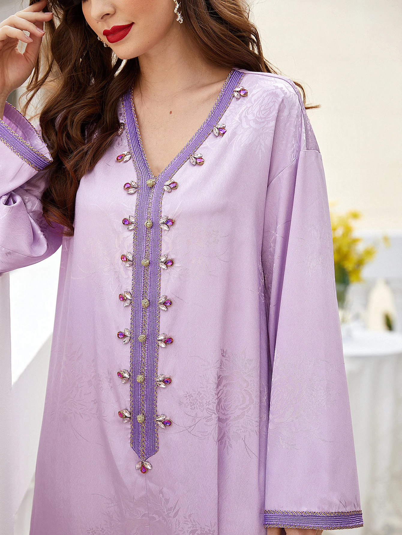 Abaya For Women Pink V-neck Bead Dubai Abaya Muslin Loose Moroccan Caftan Summer Long Sleeves Women Robe Fashion Women Clothing