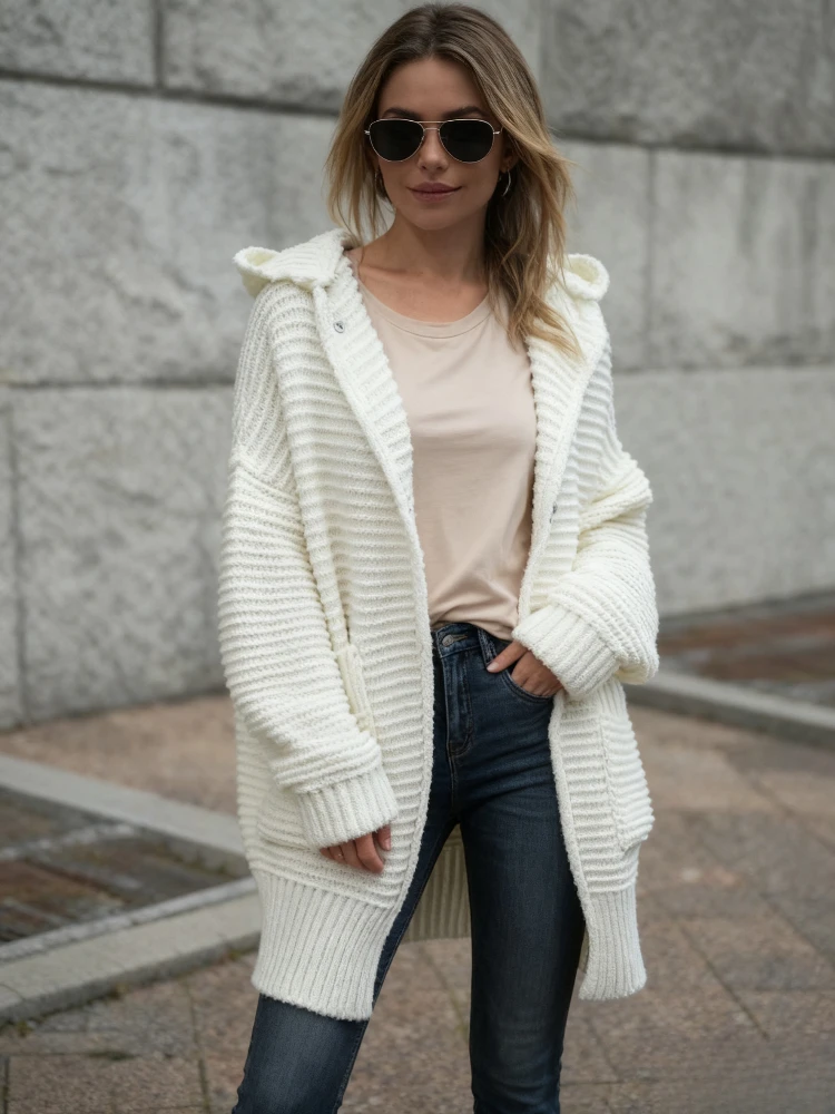 Autumn and Winter New Solid Color Women's Long-sleeved Cardigan Sweater Elegant Lapel Long-sleeved Pocket Loose Outer Coat