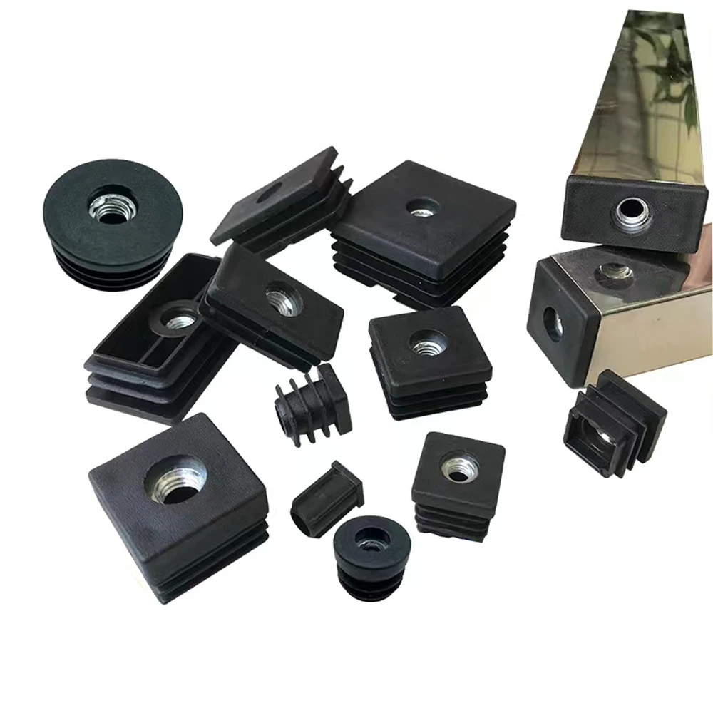 4Pcs Plastic Square Pipe Plugs With M6 M8 M10 Nut Hole Rectangle Pipe Cover Furniture Leg Feet Tube Blanking End Inserts Caps