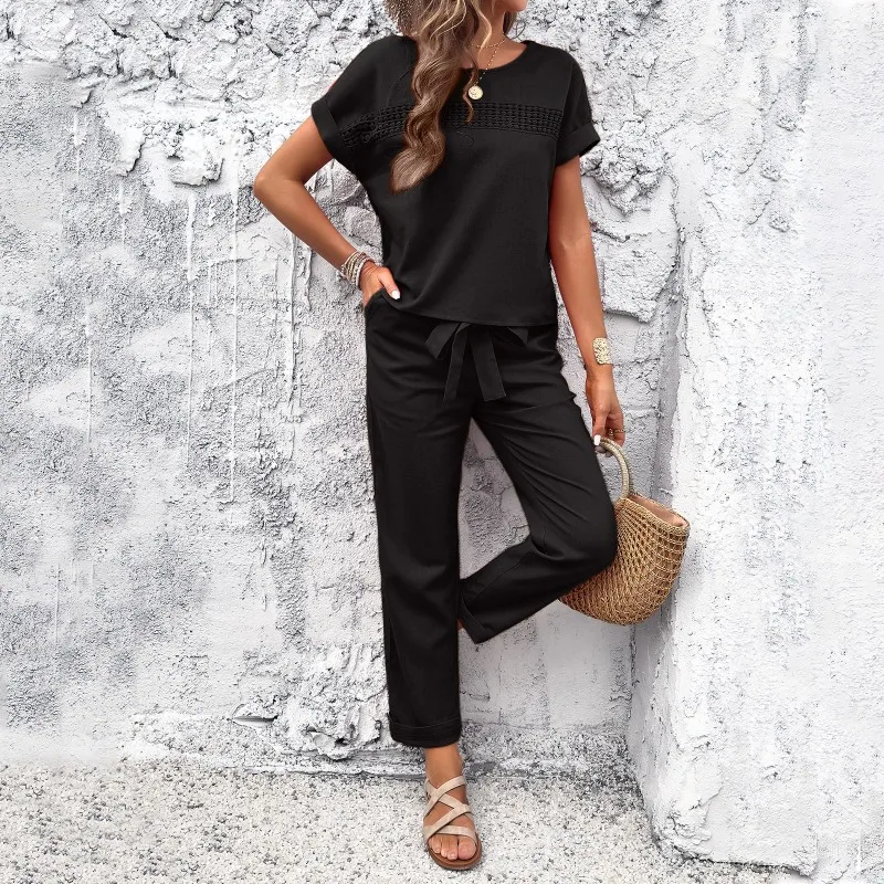 Women's New Summer Casual Round Neck Short Sleeve Top & Pants Set Temperament Commuting Female Fashion Literary Trousers Outfits